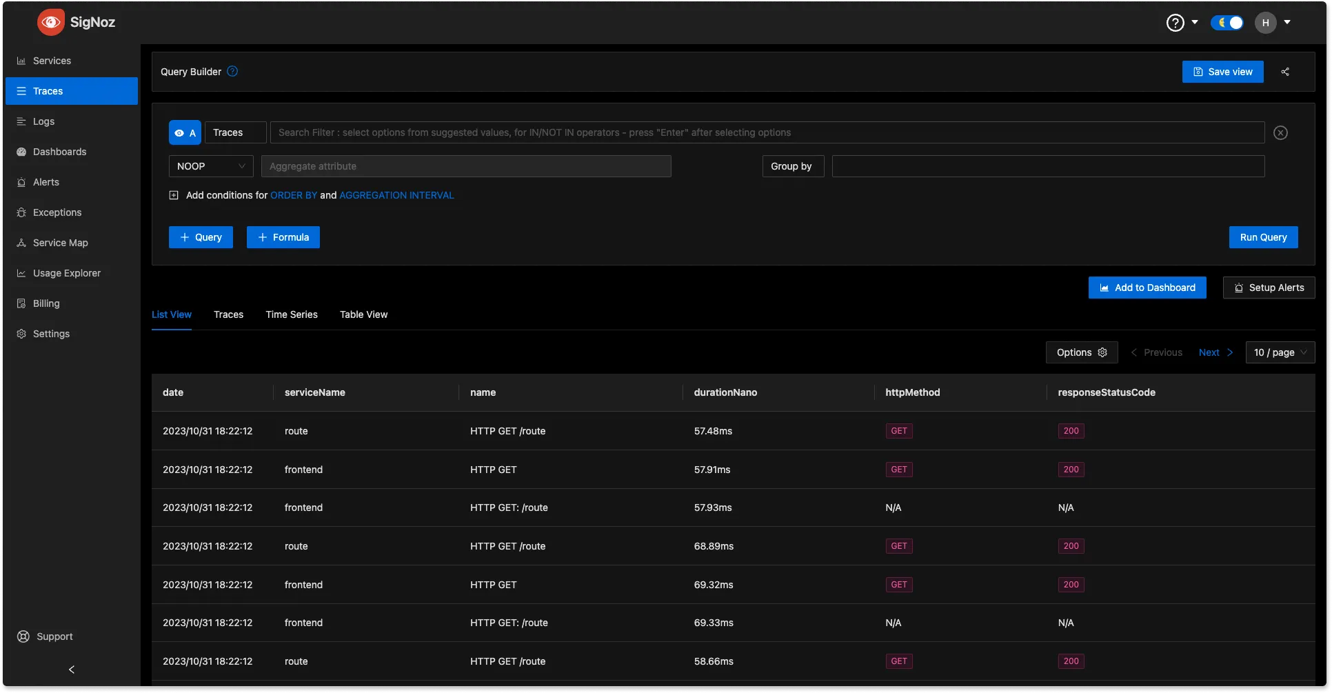 Trace Explorer page in SigNoz.