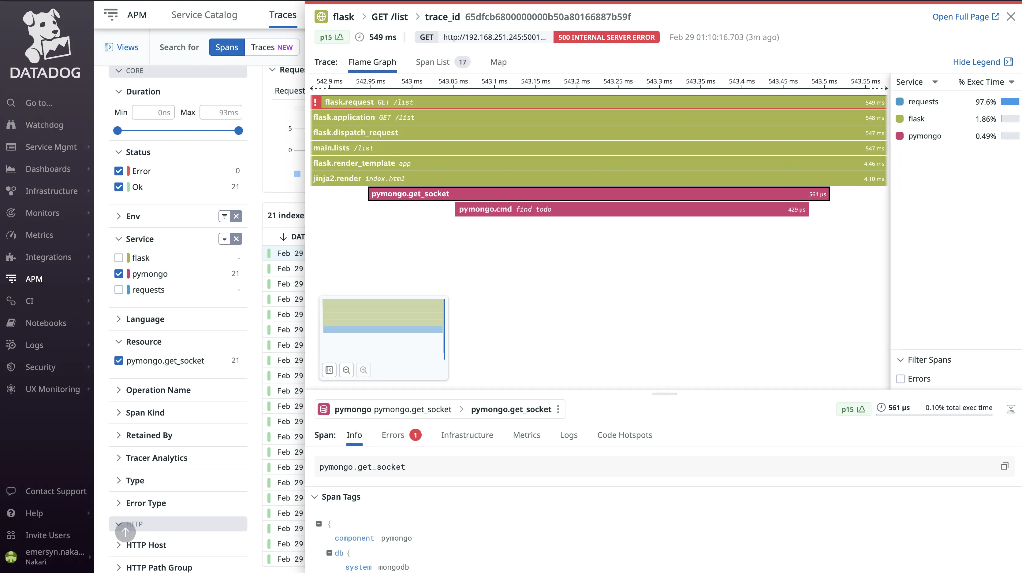 Visualization of traces and spans using flamegraphs in Datadog