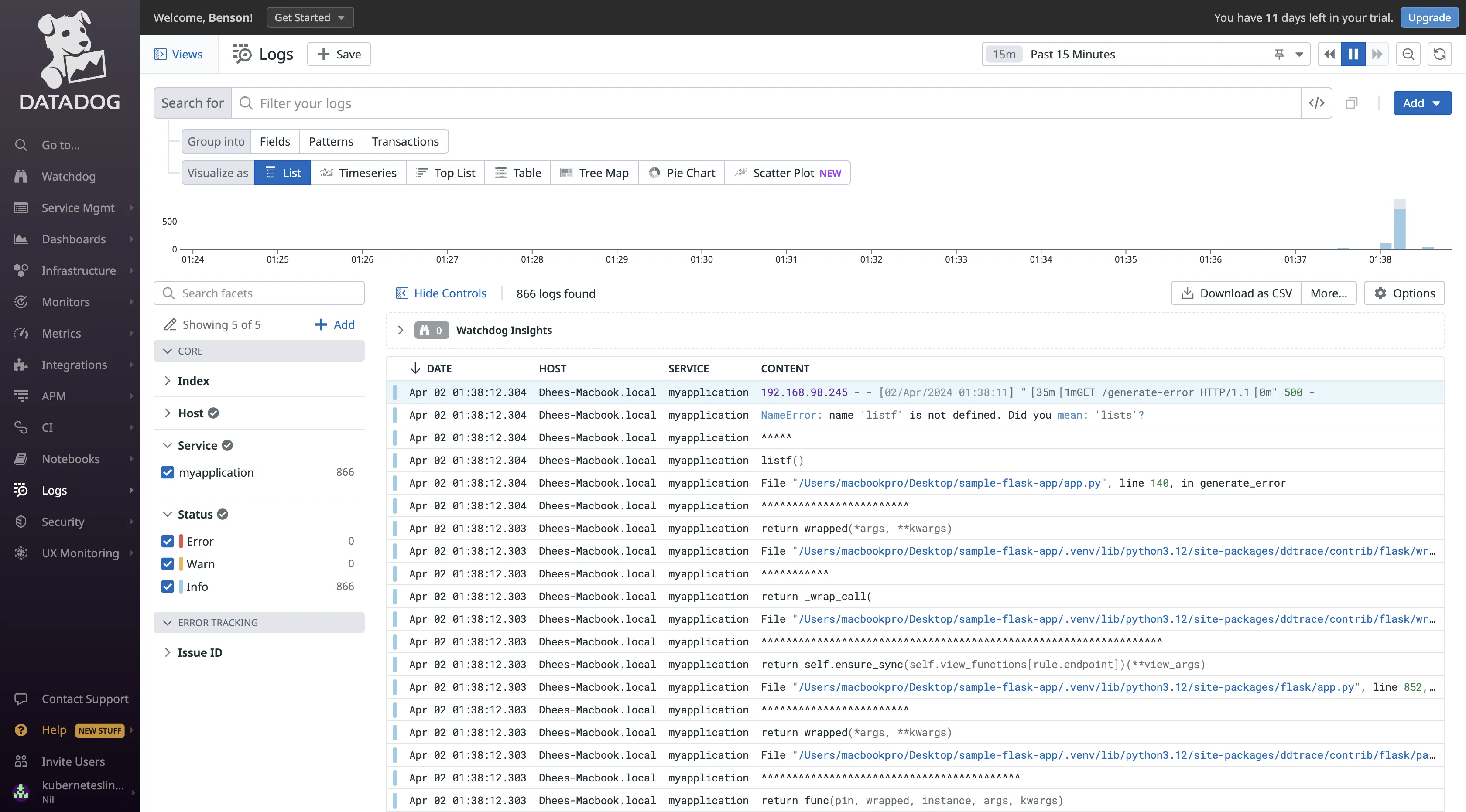 Real-time log streaming in the Datadog’s Logs tab