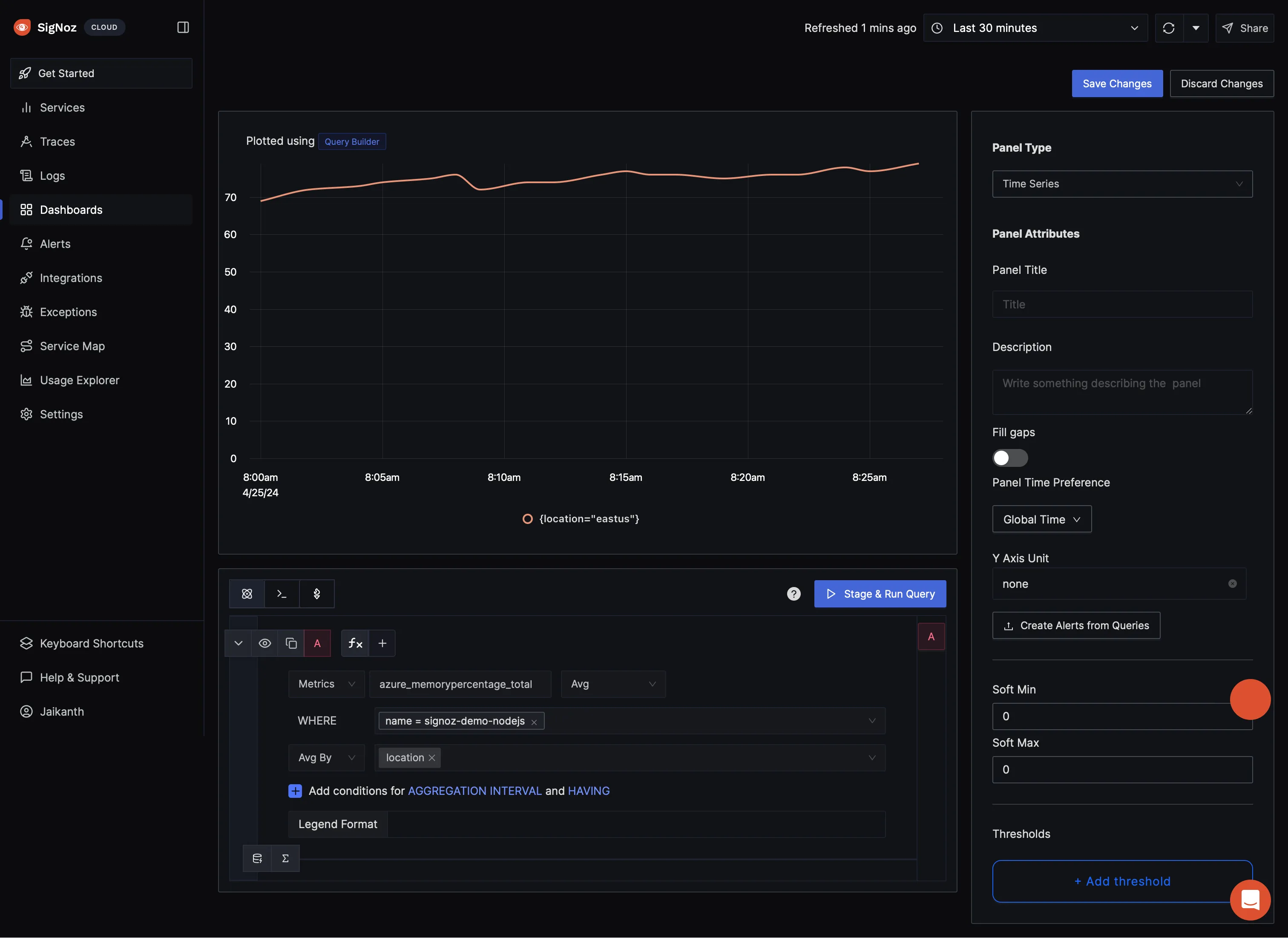 Time Series Panel for App Service Memory Usage