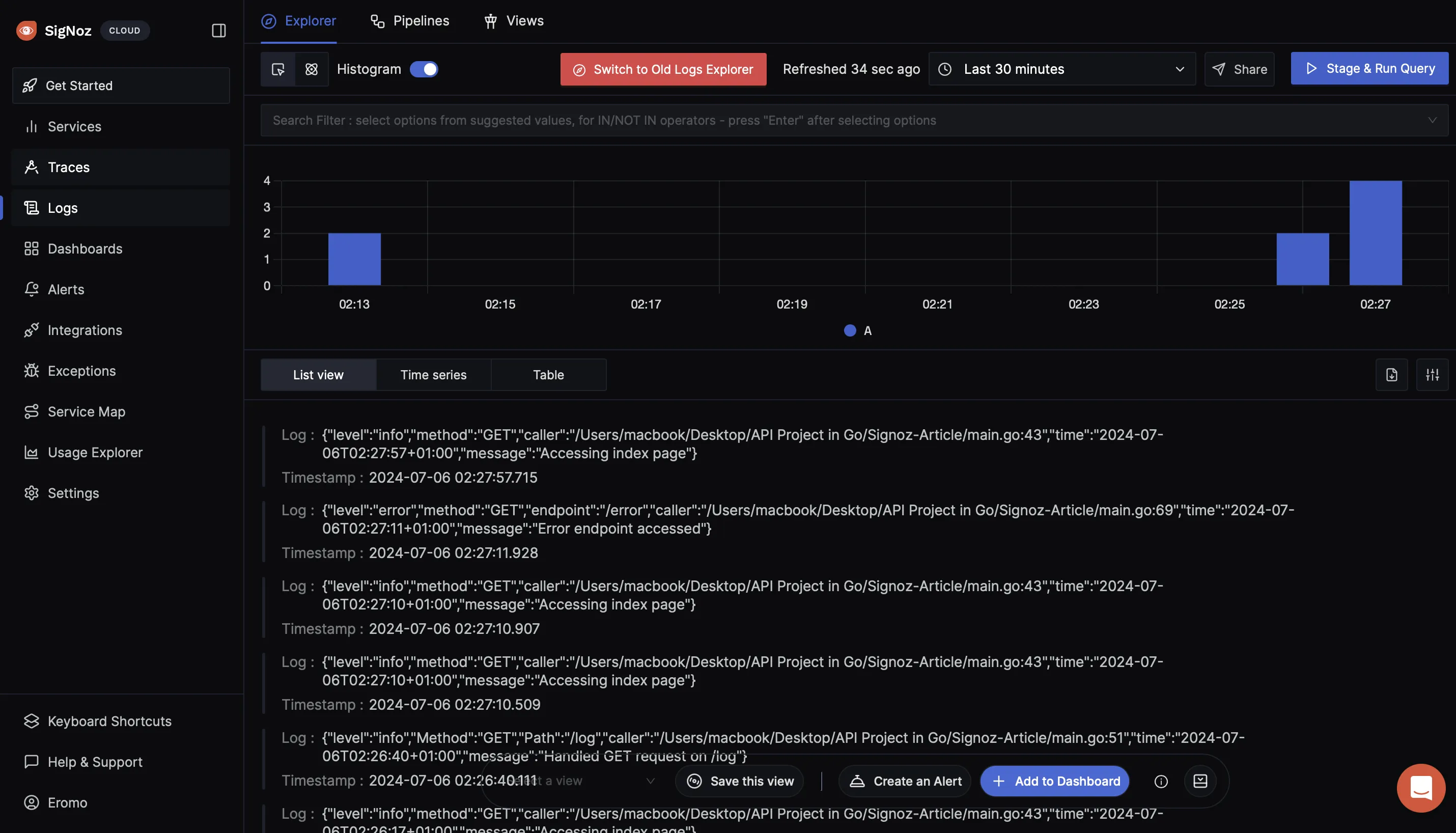 Signoz Log Output