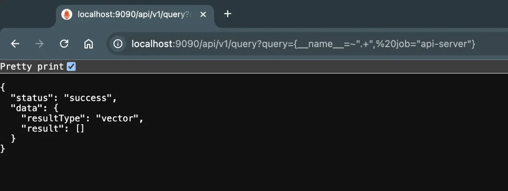 Returned metrics for the 'api-server' job using PromQL label filtering