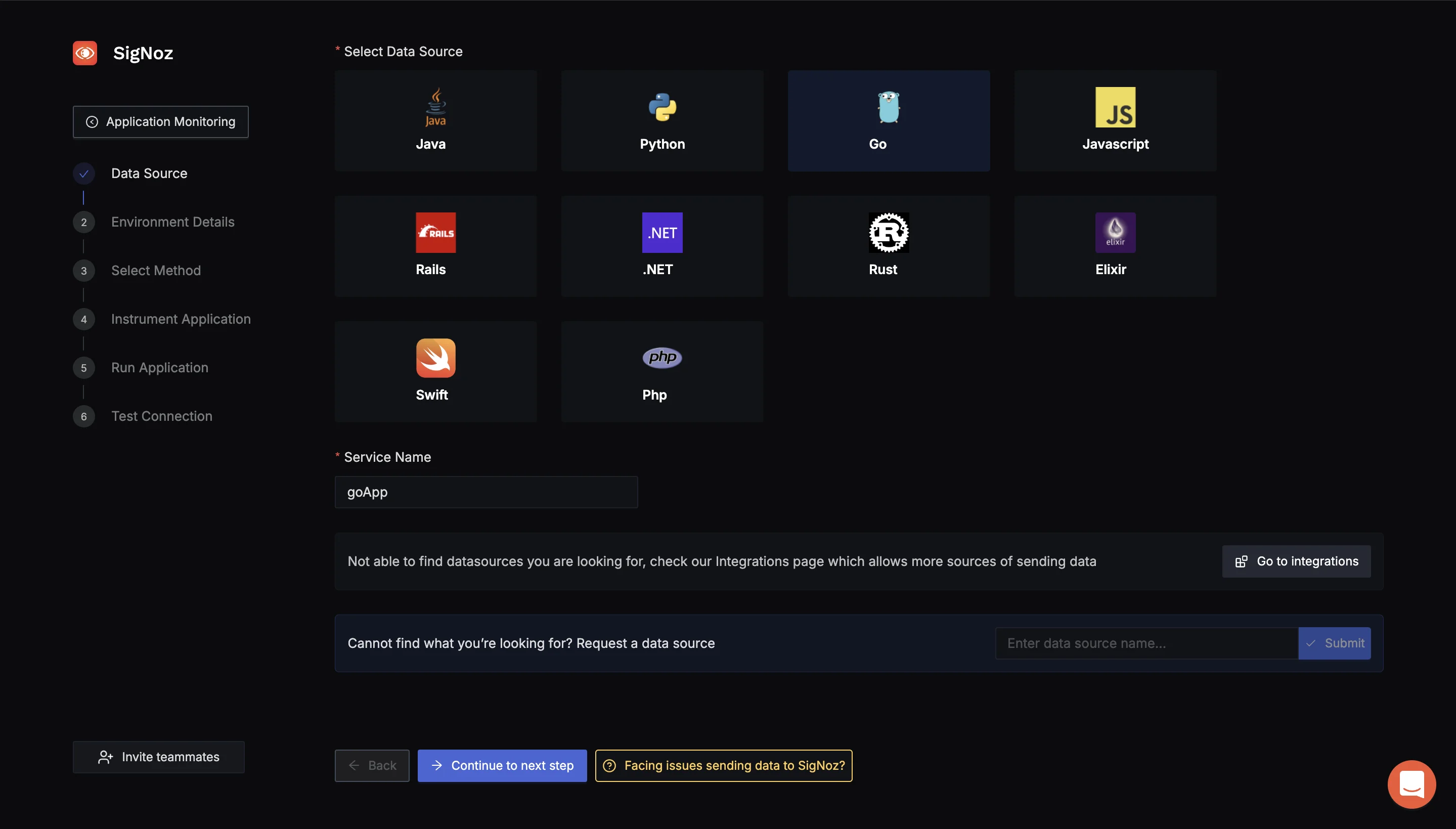 SigNoz Application Monitoring (Select Data Source)